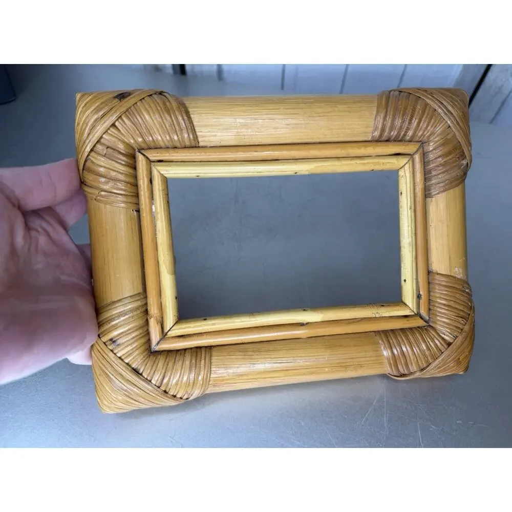 Vintage Bamboo Rattan Easel Picture Frame Boho MCM Decor No Glass 8 X 6in